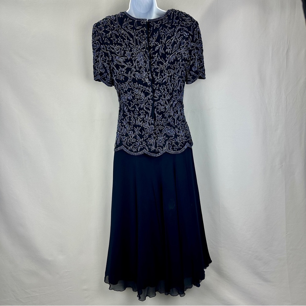 Papell Boutique Silk Beaded Dress Navy Blue Size 8 - Picture 4 of 9
